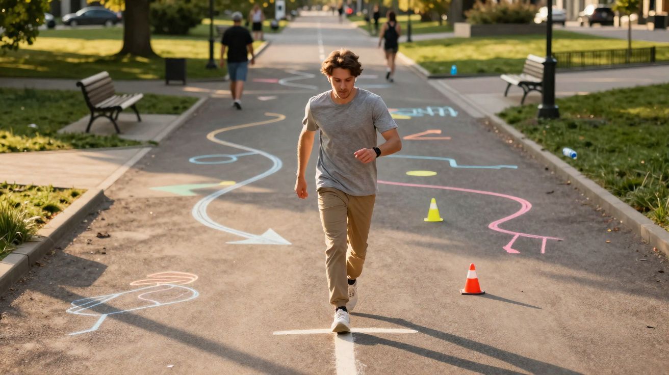 Homem jovem a correr num parque com desenhos coloridos e cones no caminho.