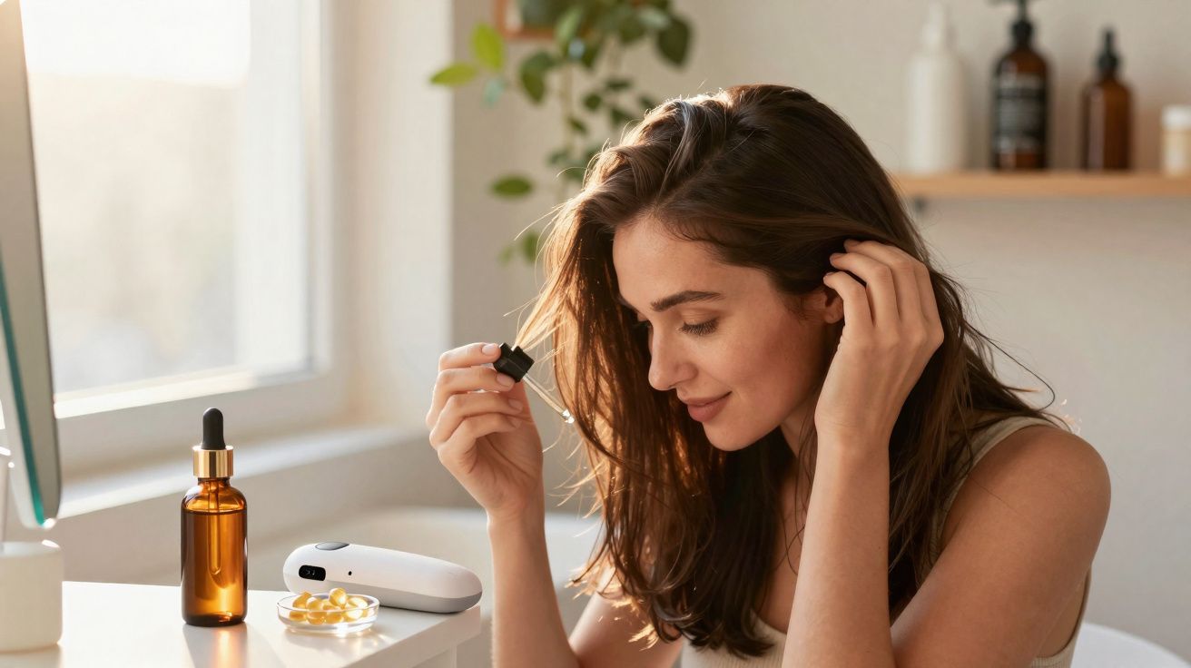 Mulher a aplicar sérum facial com conta-gotas numa divisão iluminada e decorada com plantas e frascos.