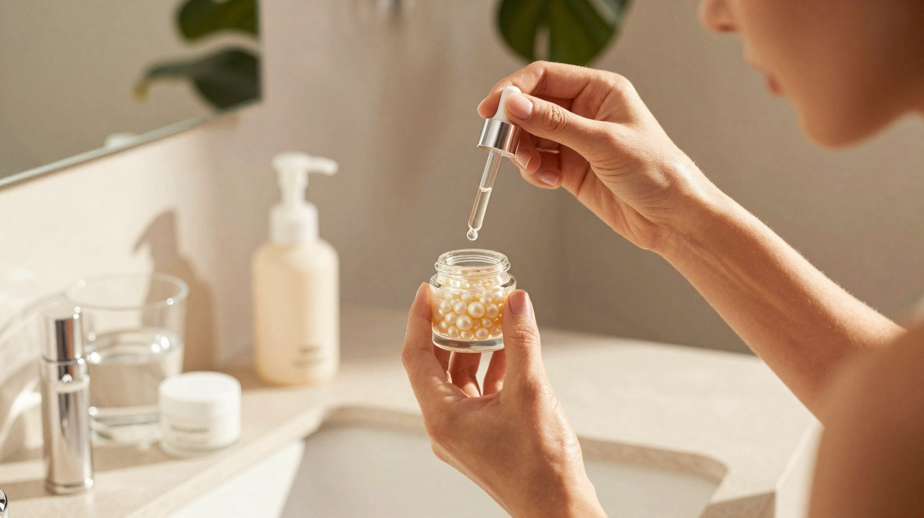 Pessoa a aplicar sérum em cápsulas de cuidado facial num lavatório de casa de banho iluminada naturalmentem.