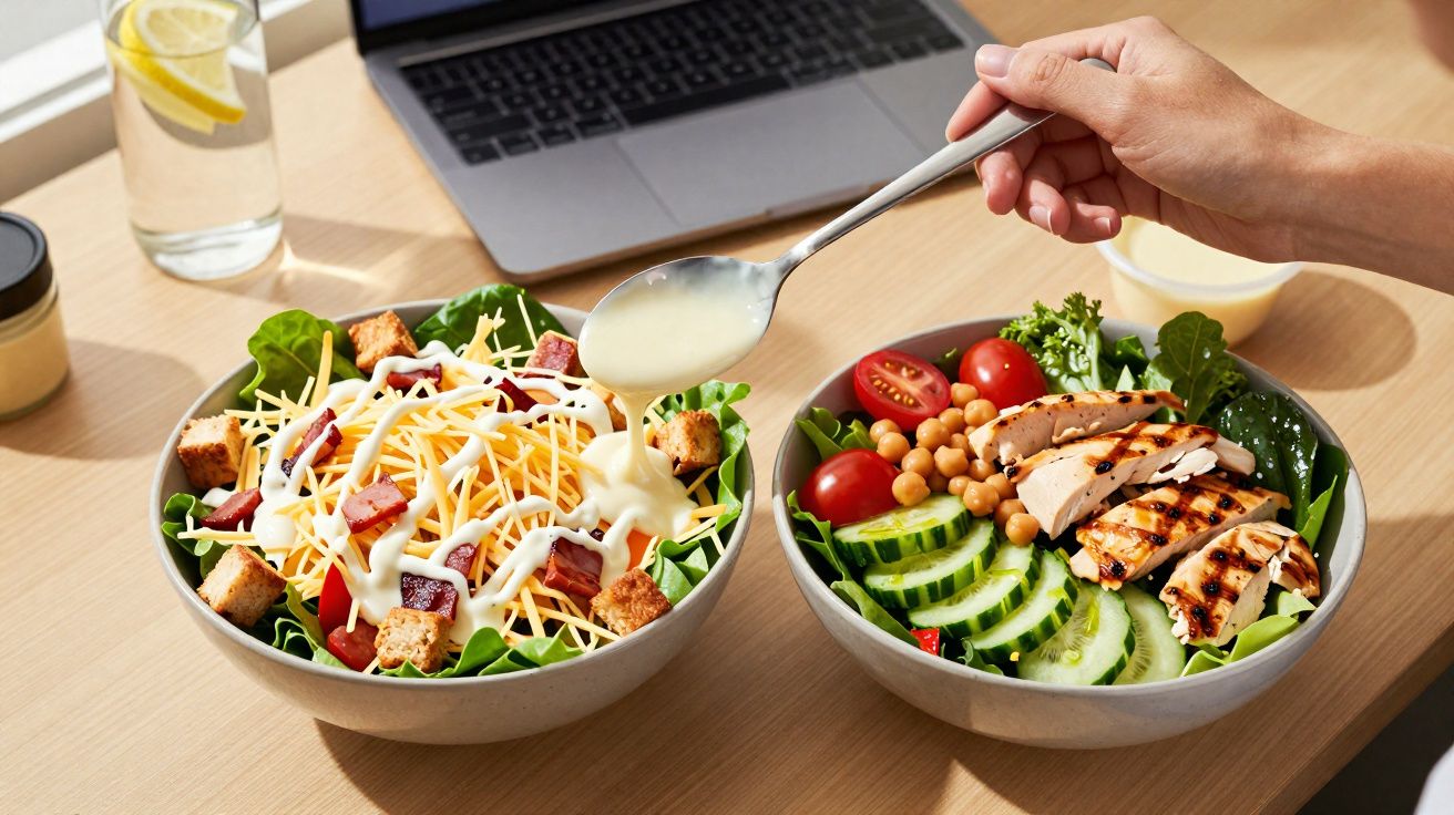 Duas taças com saladas variadas, uma com frango grelhado e outra com queijo e bacon, com molho a ser servido.