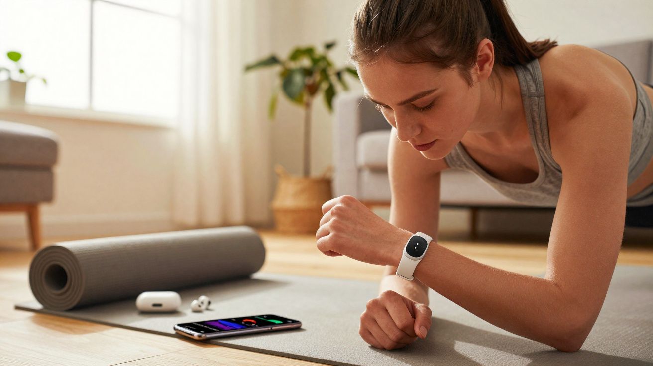 Mulher a fazer prancha no tapete de yoga em casa, com smartwatch e smartphone no chão junto a almofada de yoga e auscultadore
