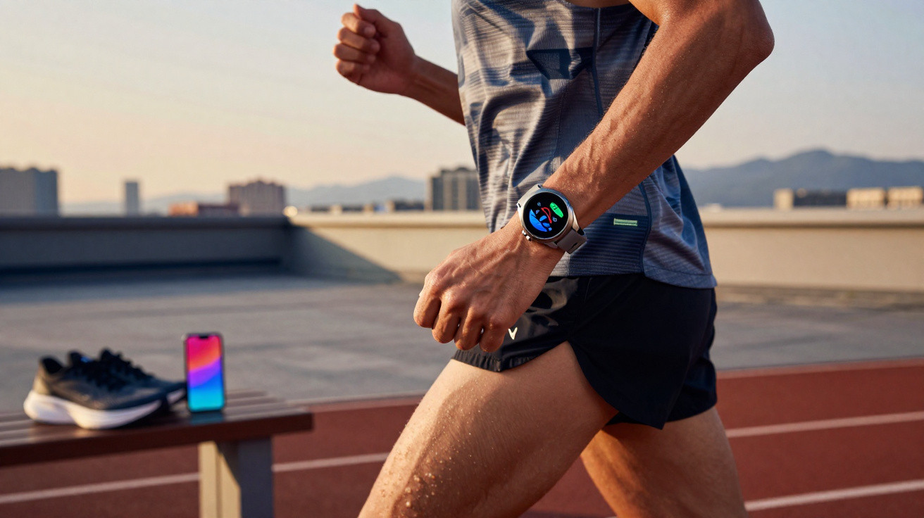 Pessoa a correr na pista com relógio inteligente a monitorizar atividade física no pulso.