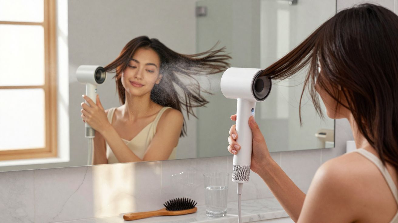 Mulher a secar o cabelo com secador branco em frente a um espelho numa casa de banho.