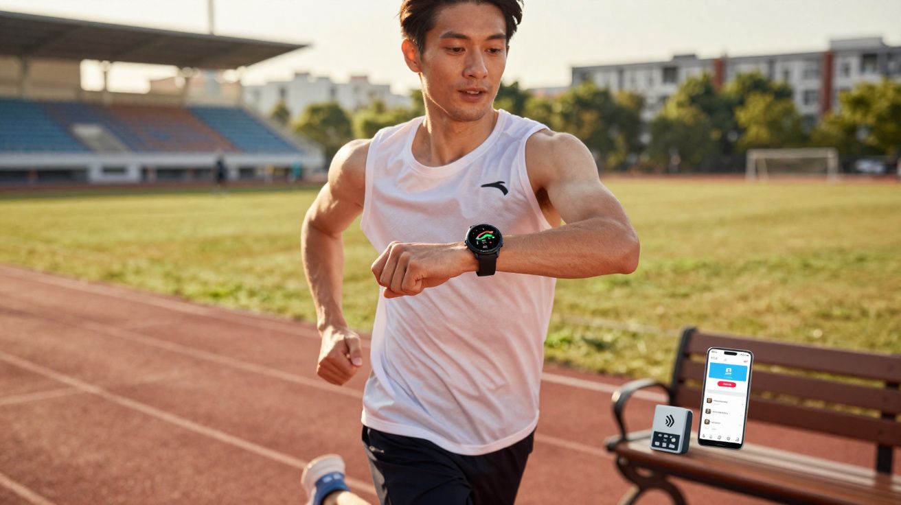 Homem com camisa branca a correr numa pista de atletismo, olhando para relógio inteligente no pulso.