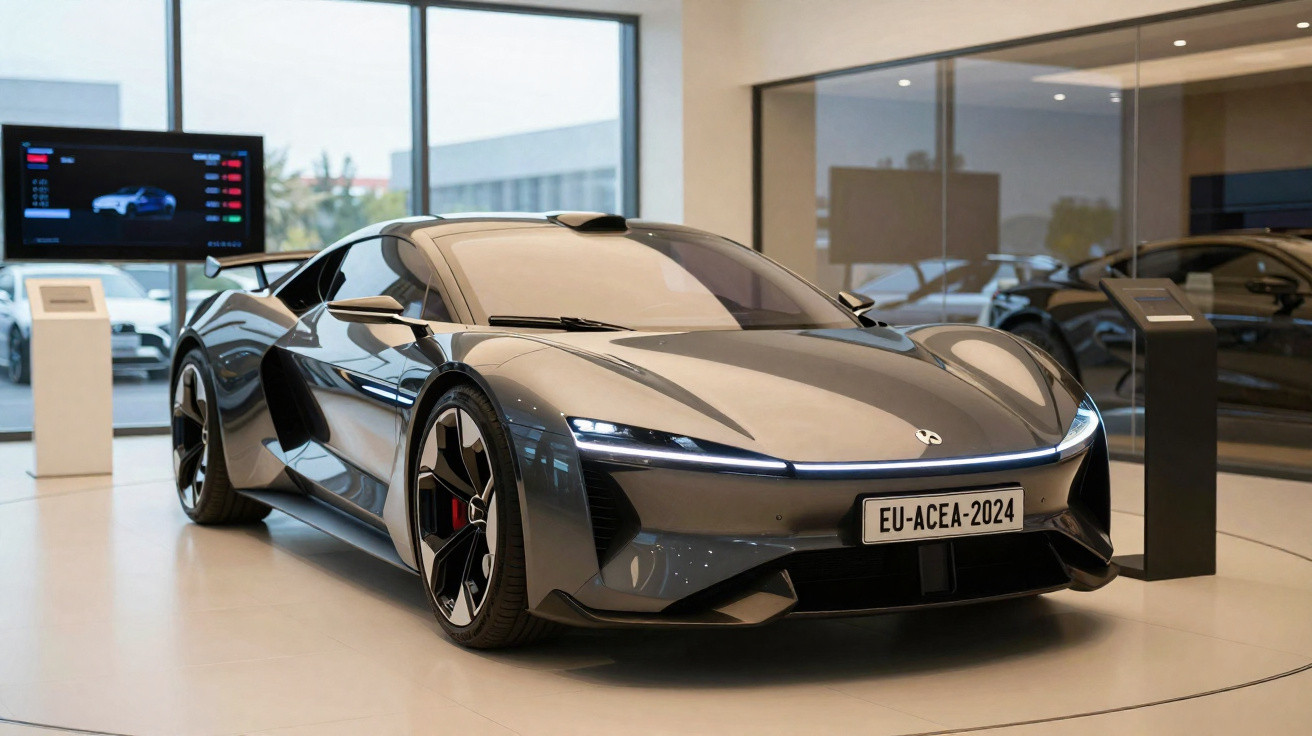 Carro desportivo elétrico cinzento em exposição numa sala moderna com grandes janelas.