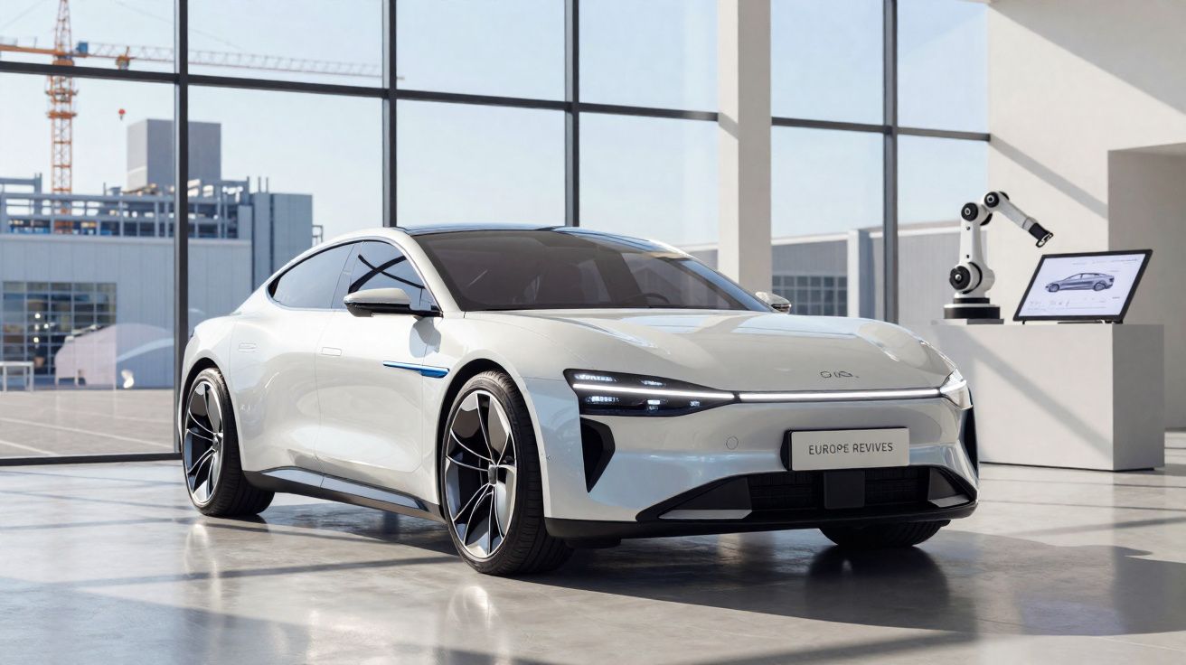 Carro elétrico branco moderno numa sala com janelas grandes e um ecrã com imagem técnica ao fundo.