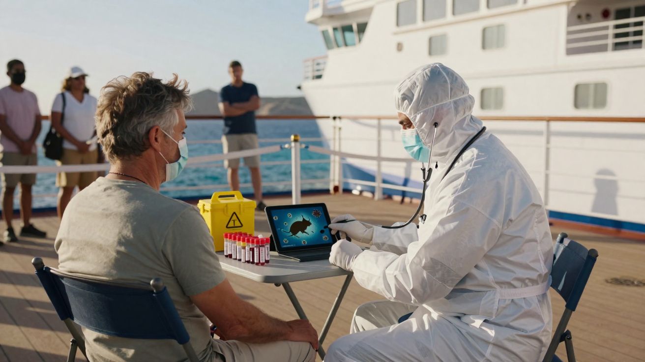 Profissional de saúde em fato de proteção consulta homem numa mesa ao ar livre num navio.