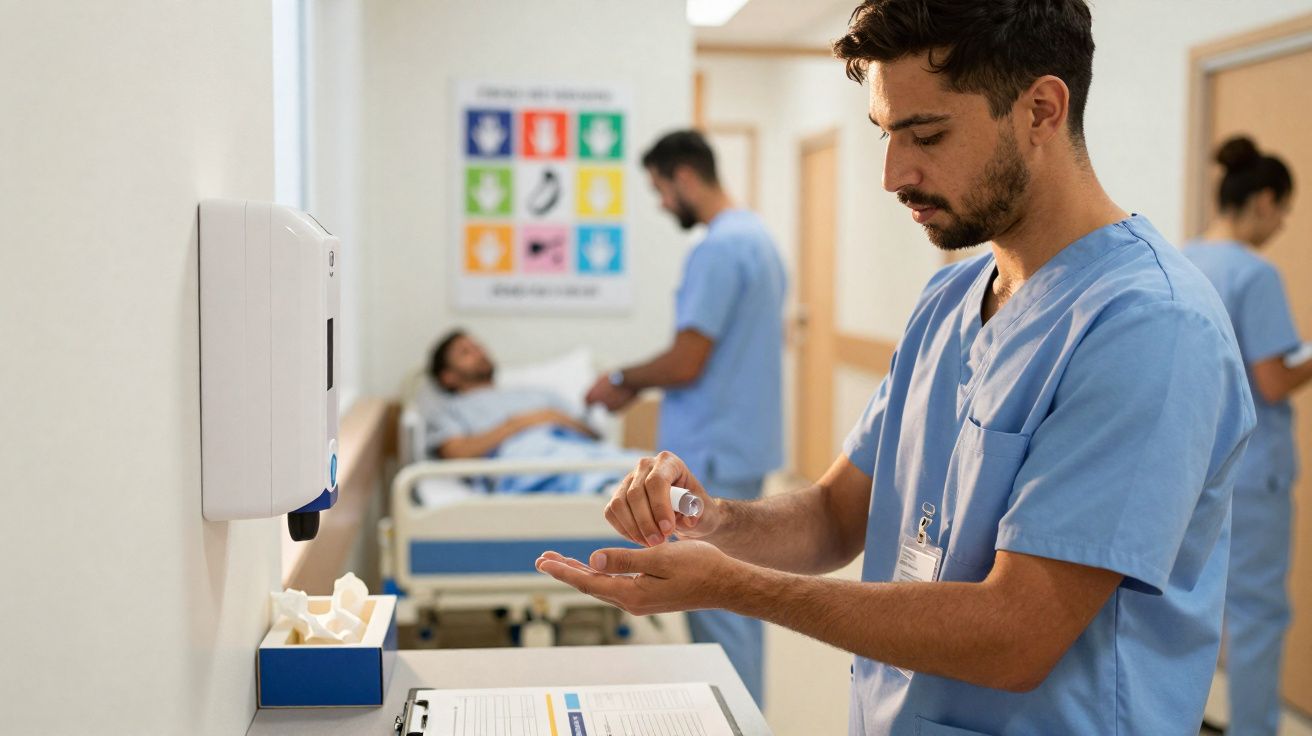 Enfermeiro a aplicar gel desinfetante nas mãos num corredor de hospital com paciente e colegas ao fundo.