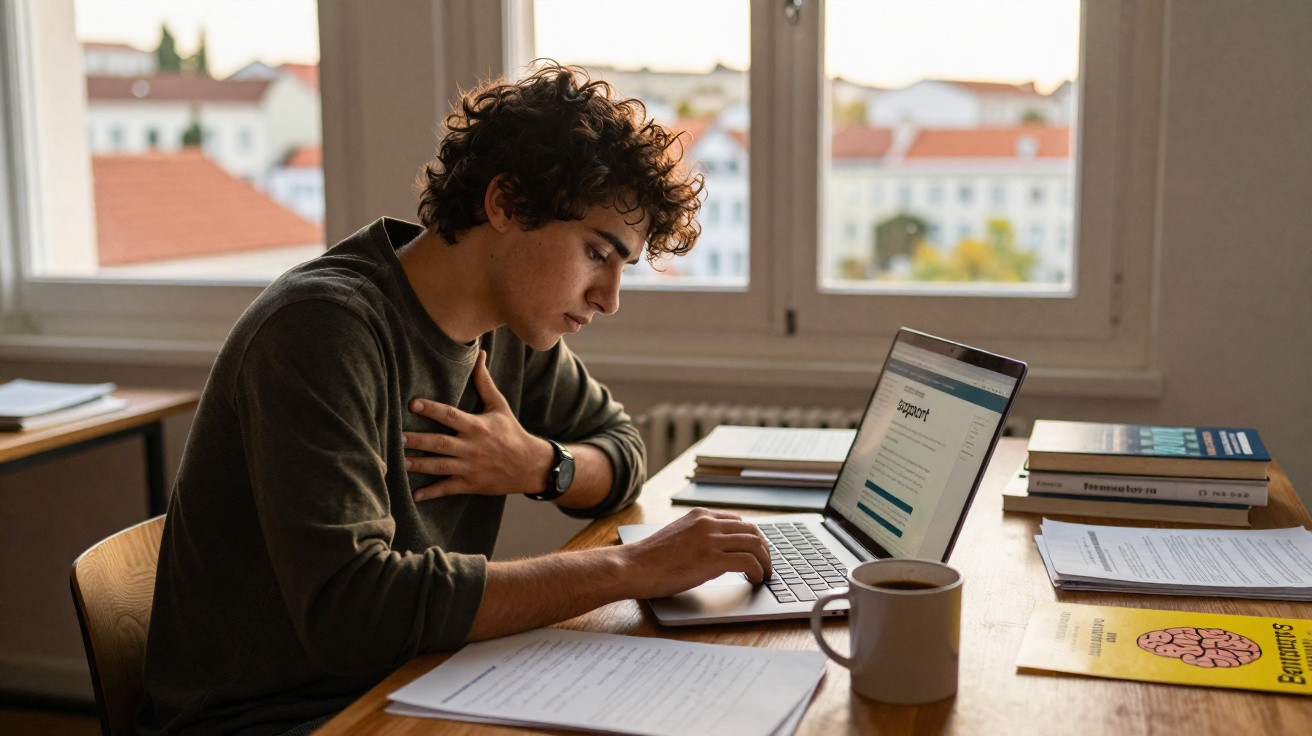 Jovem sentado a trabalhar num computador portátil com livros e caderno num ambiente luminoso perto de uma janela.