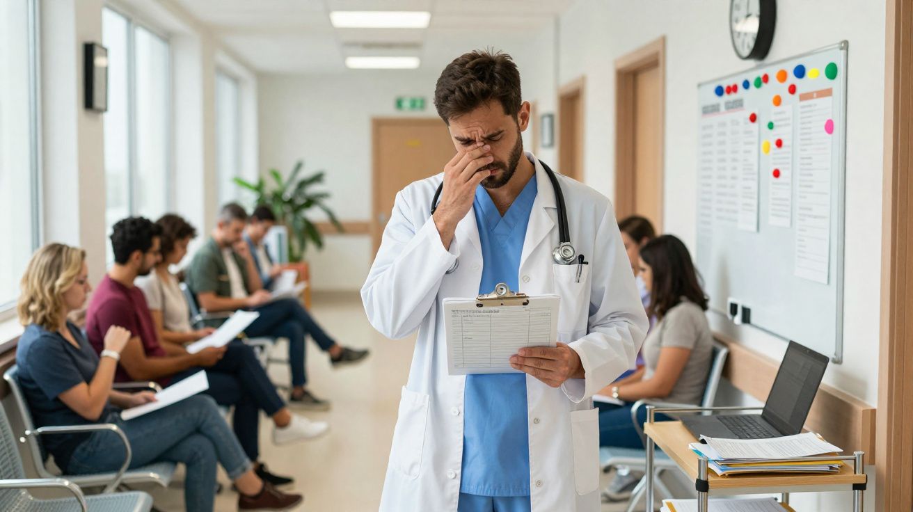 Médico cansado a segurar uma prancheta no corredor de um hospital com pacientes à espera sentados.