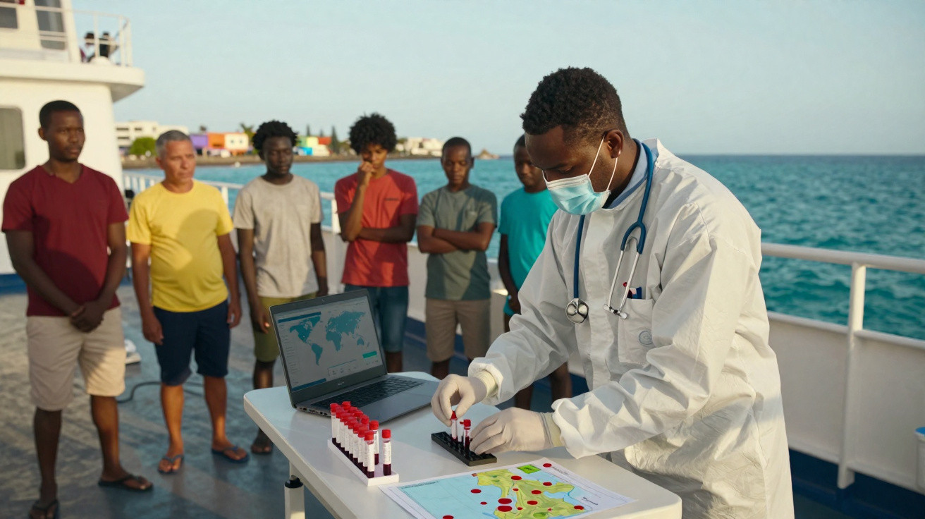 Médico a analisar amostras de sangue num barco com grupo de homens a observar, mar ao fundo.