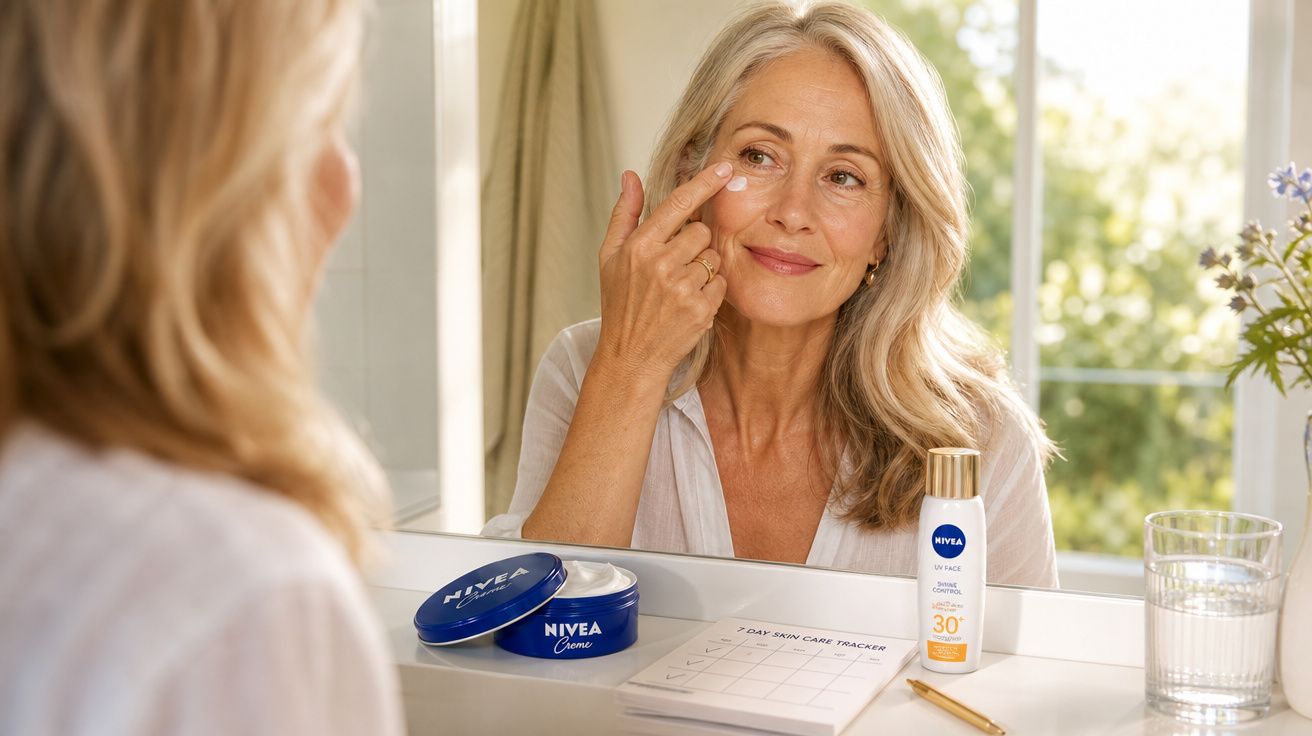 Mulher adulta aplica creme anti-idade no rosto diante de um espelho, com produtos Nivea em cima da bancada.