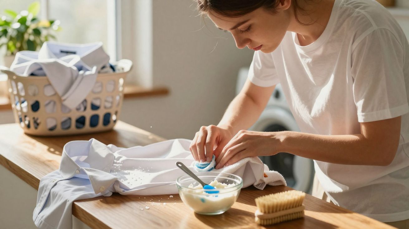 Mulher a remover manchas de roupa branca com uma escova e produto de limpeza num espaço iluminado.
