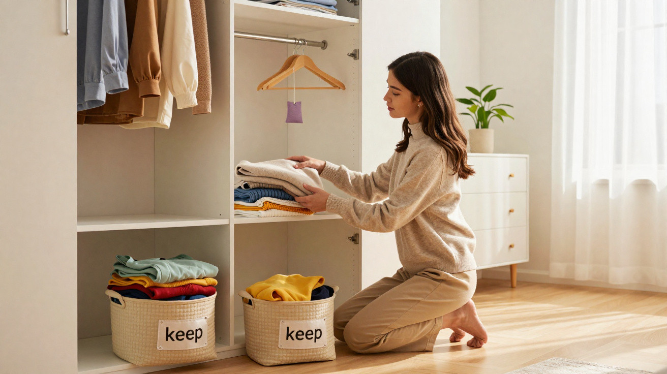 Mulher a organizar roupas dobradas num armário branco numa divisão bem iluminada.