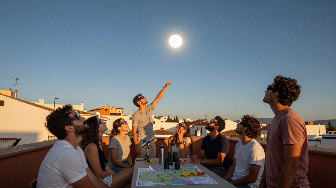 Grupo de jovens com óculos solares a observar o nascer da lua num terraço ao entardecer.