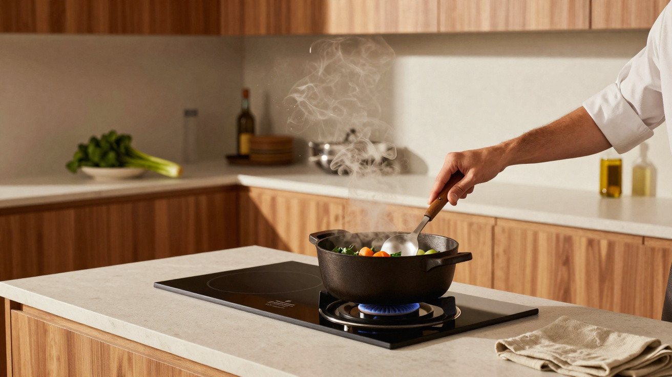 Mão mexendo legumes numa frigideira a ferver numa cozinha moderna com bancada branca e armários de madeira.