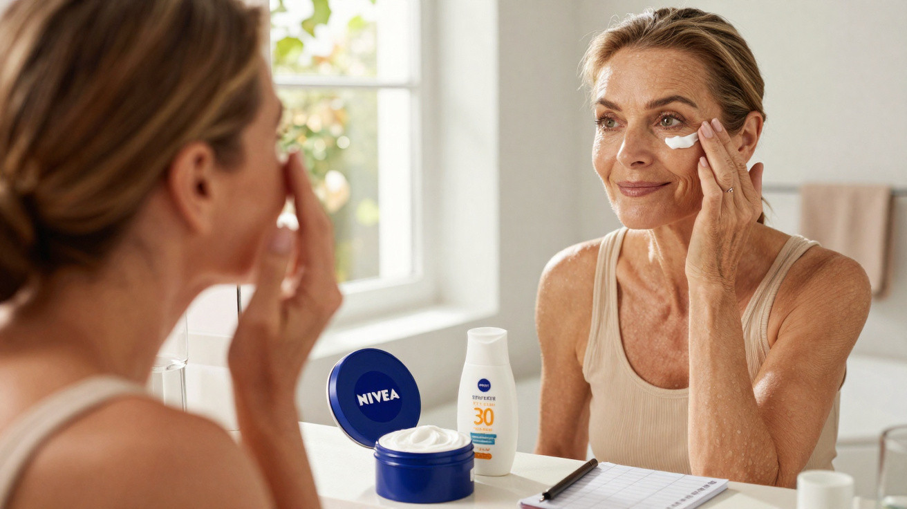 Mulher madura aplica creme facial junto a frascos de Nivea num espelho de casa de banho iluminada.