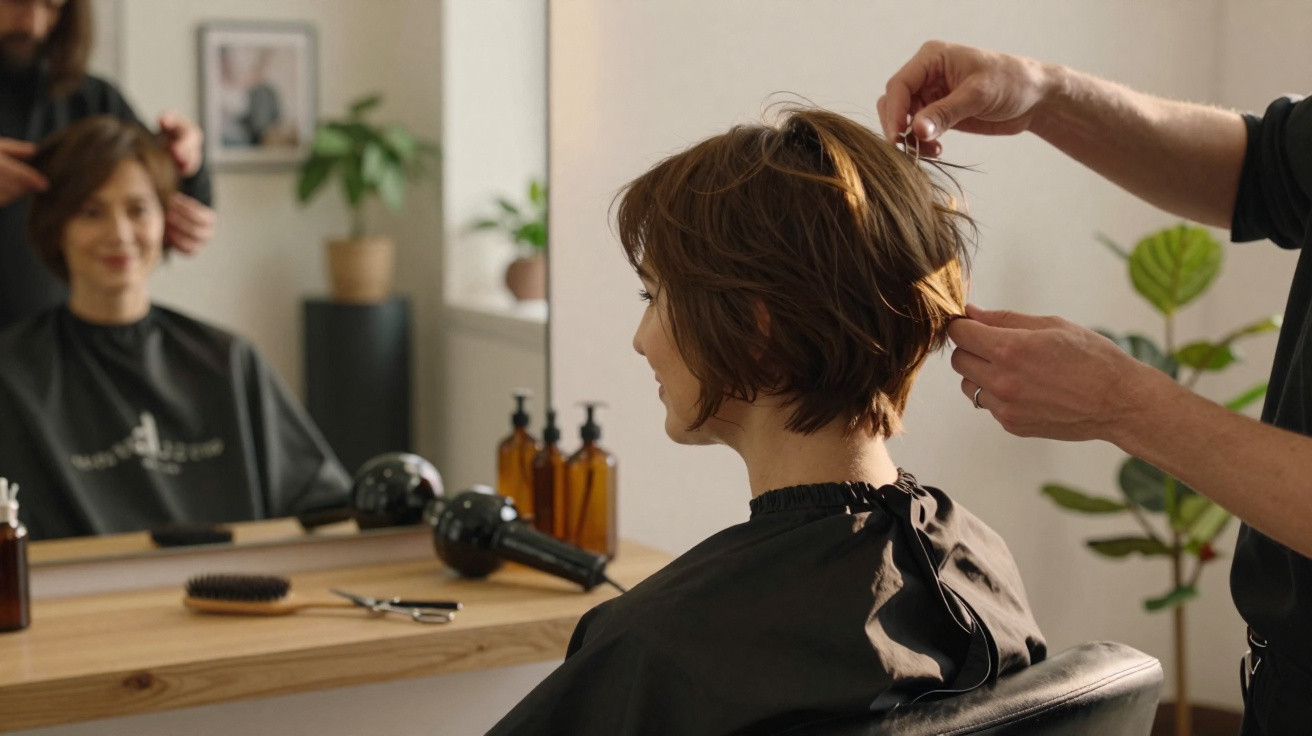 Cliente com cabelo curto sentado no cabeleireiro enquanto profissional corta o cabelo com tesoura.