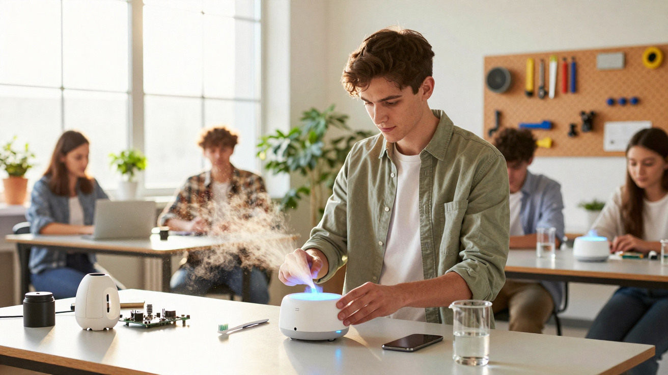 Jovem a mexer num aparelho eletrónico com vapor, com outras pessoas a trabalhar ao fundo numa sala luminosa.