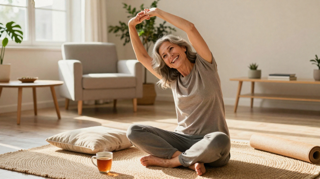 Mulher sénior a alongar-se sentada no chão de uma sala luminosa com tapete, chá e almofada.