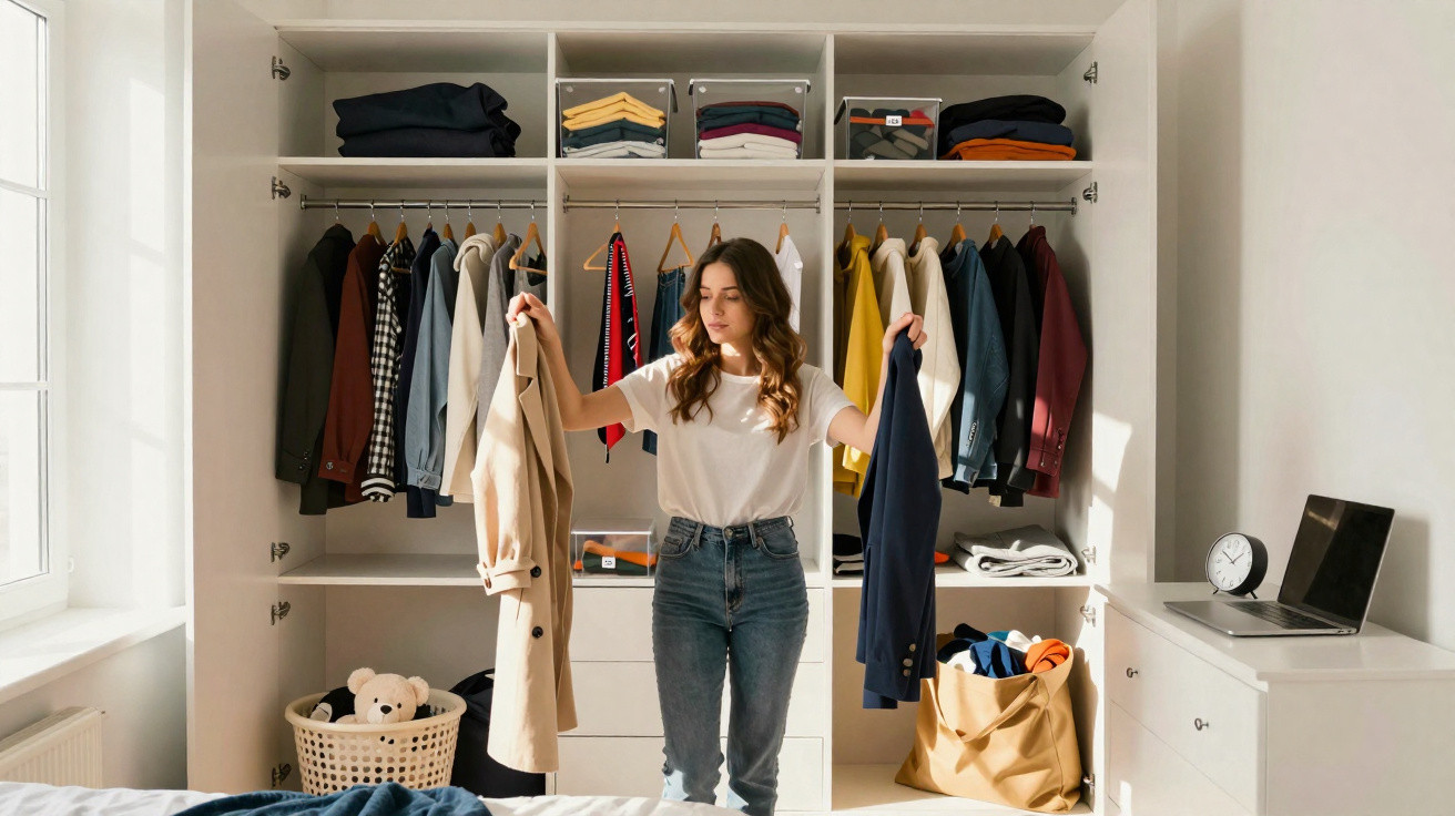 Mulher jovem a escolher roupas num guarda-roupa aberto, com roupa organizada e luz natural a entrar pela janela.