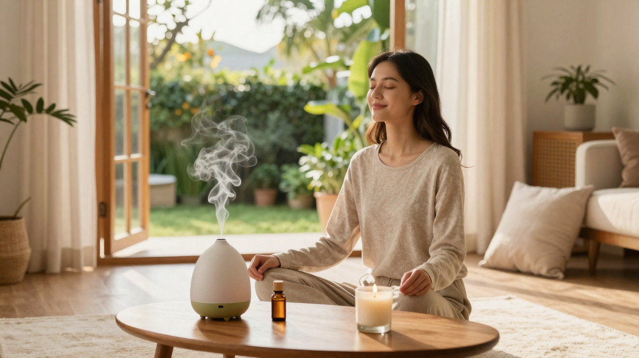 Mulher sentada em posição de meditação perto de difusor de aromas e vela numa sala luminosa e acolhedora.