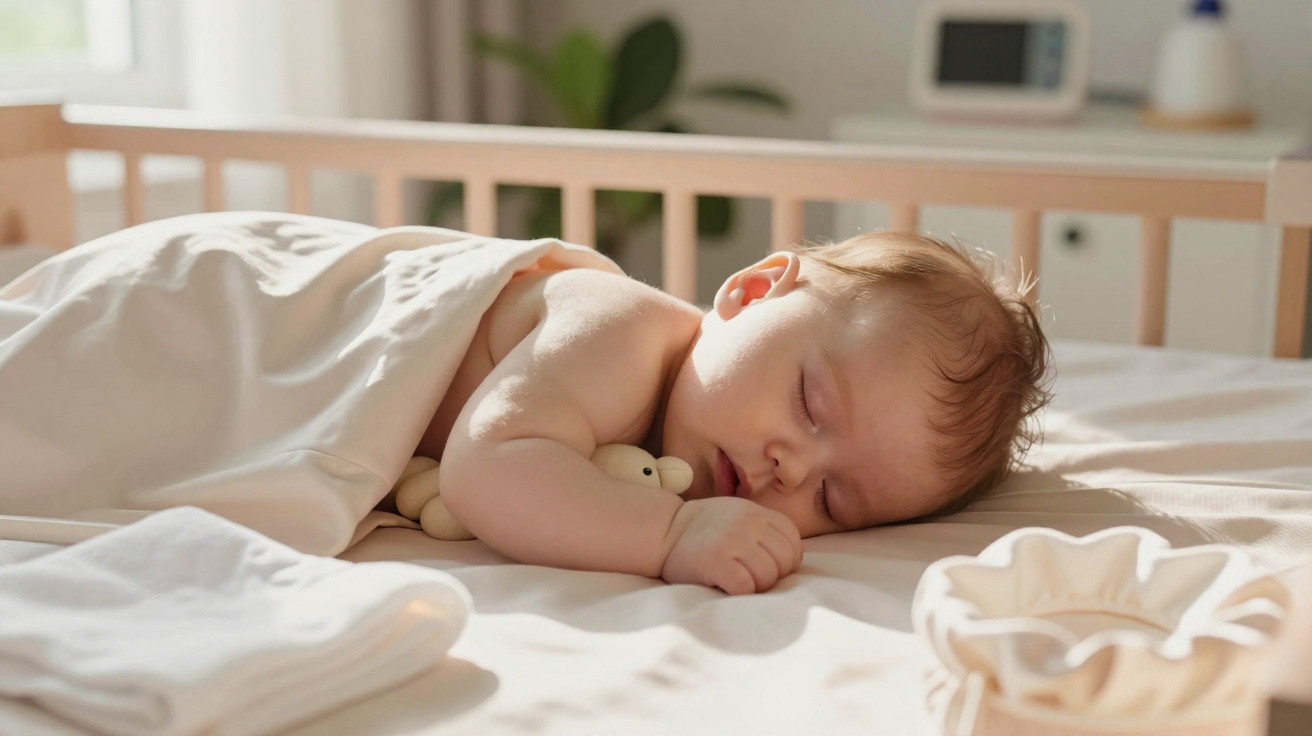 Bebé adormecido de bruços numa cama, coberto com um lençol branco, segurando um brinquedo macio.