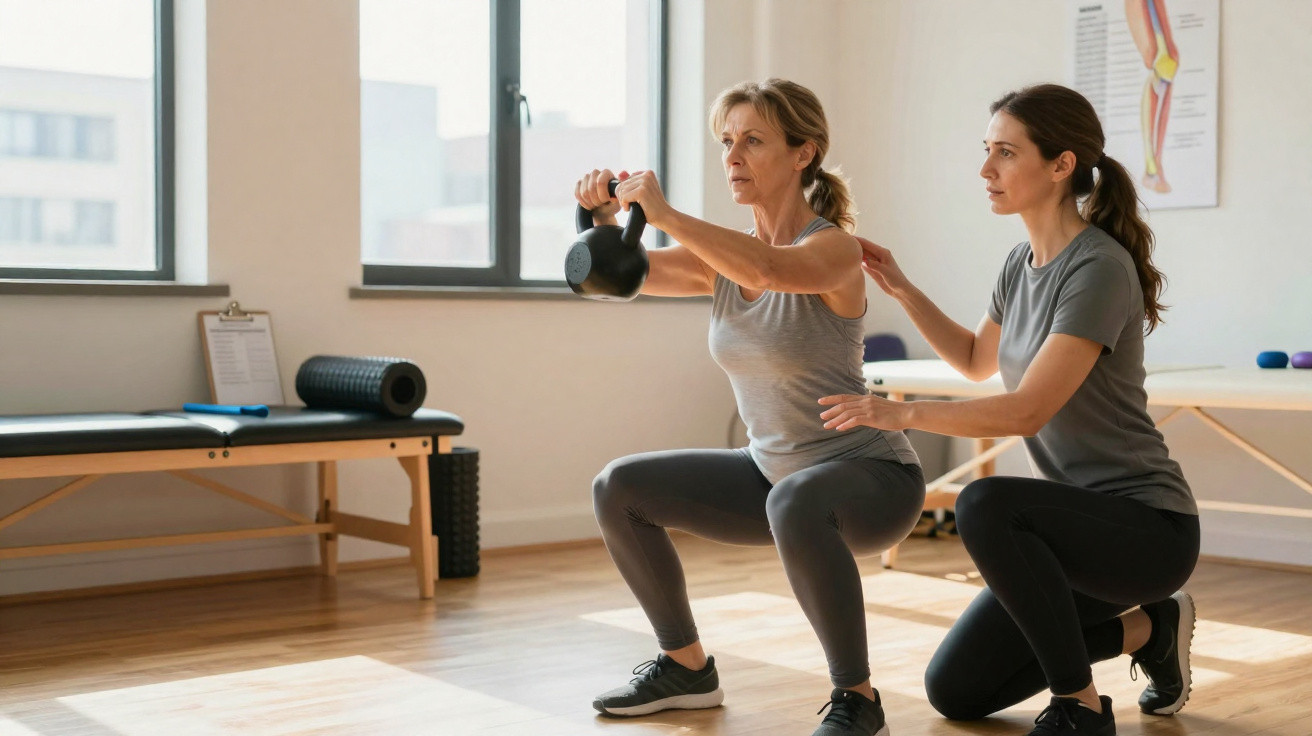 Mulher adulta faz agachamento com kettlebell acompanhada por fisioterapeuta num ginásio.