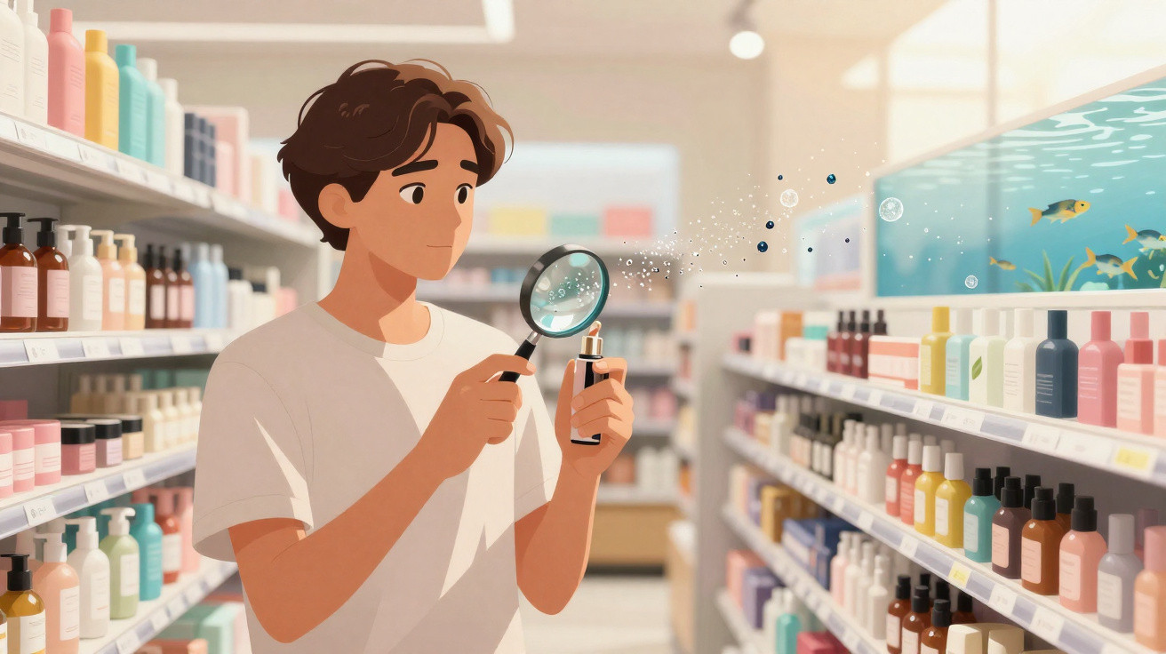 Homem numa loja a inspecionar um frasco com lupa, rodeado por prateleiras com produtos de cosmética.