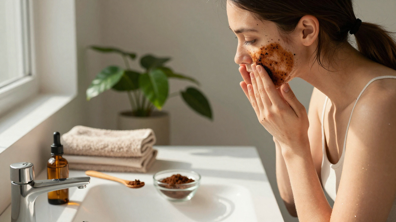 Mulher a aplicar esfoliante facial caseiro junto à pia numa casa de banho luminosa.