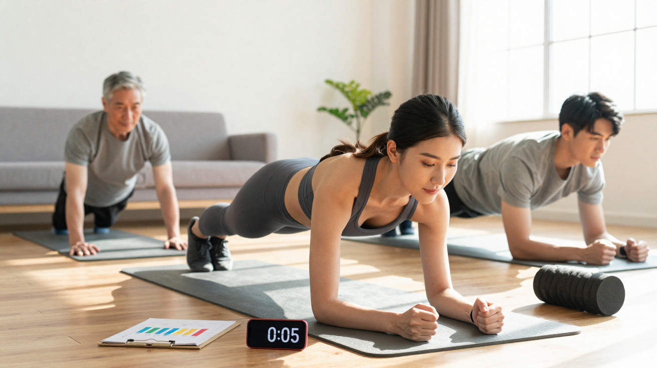 Três pessoas de diferentes idades a fazer prancha abdominal em tapetes de exercício numa sala iluminada.
