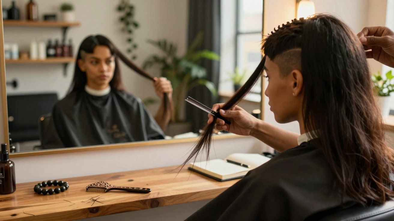 Mulher com capa preta corta o cabelo longo em salão de cabeleireiro, refletida no espelho.