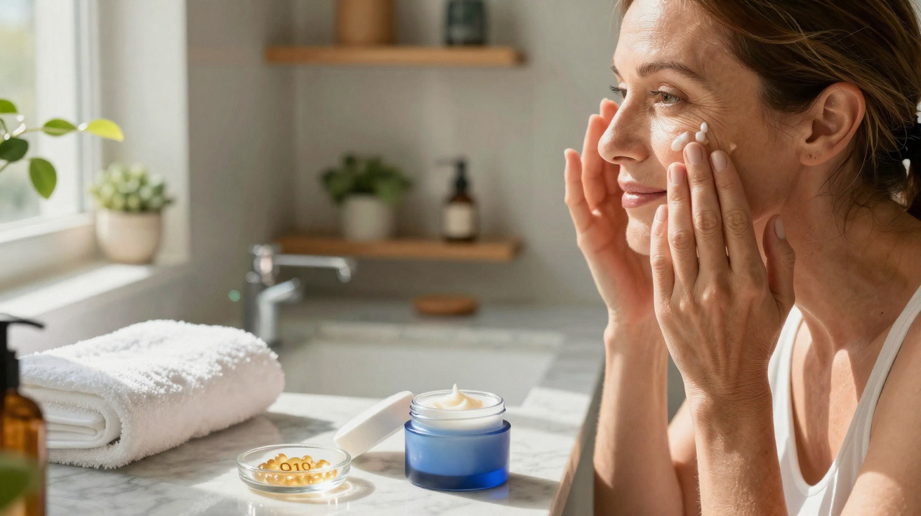 Mulher a aplicar creme facial num banheiro com produtos de cuidados de pele sobre bancada branca.