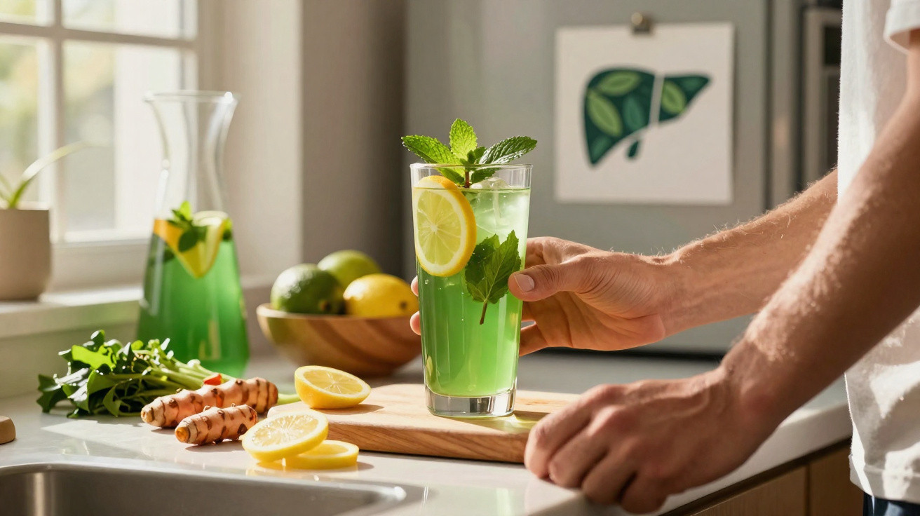 Pessoa a segurar copo com bebida verde, rodelas de limão e hortelã numa cozinha iluminada.