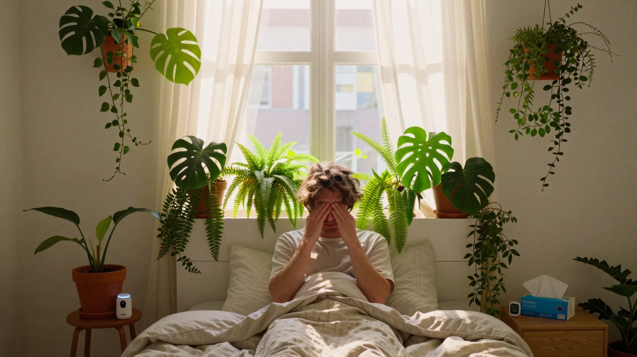 Pessoa sentada na cama com as mãos no rosto, rodeada de plantas verdes e luz natural a entrar pela janela.