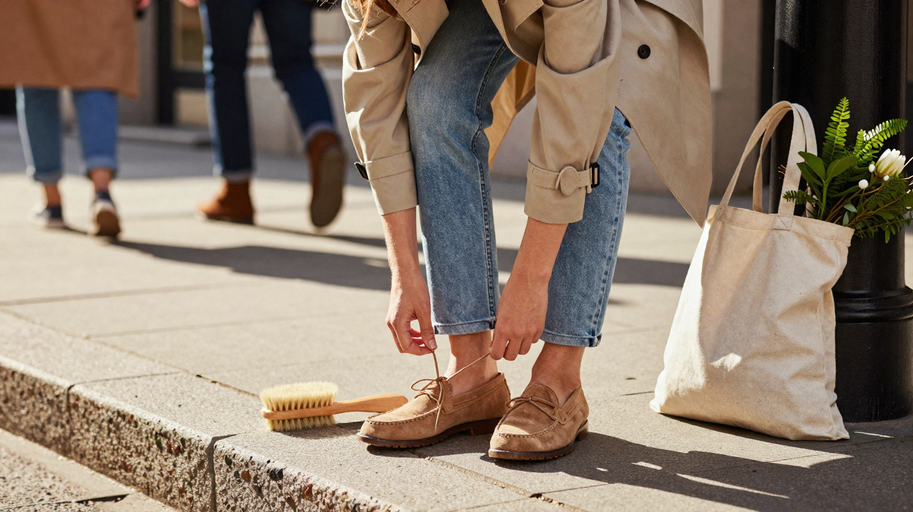 Pessoa amarrando atacadores de sapatos castanhos junto a uma bolsa de tecido com flores numa calçada urbana.