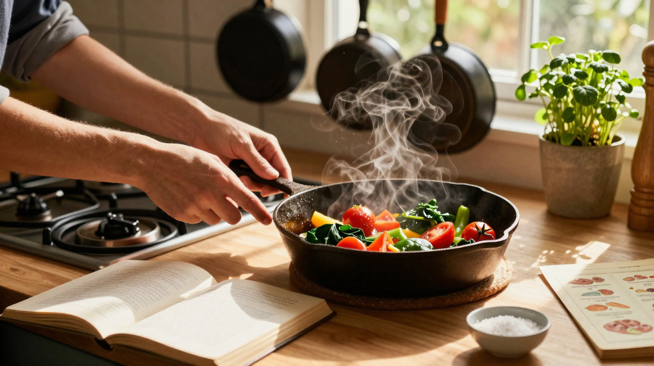 Mãos a cozinhar legumes frescos numa frigideira a ferro fundido com vapor numa cozinha iluminada.