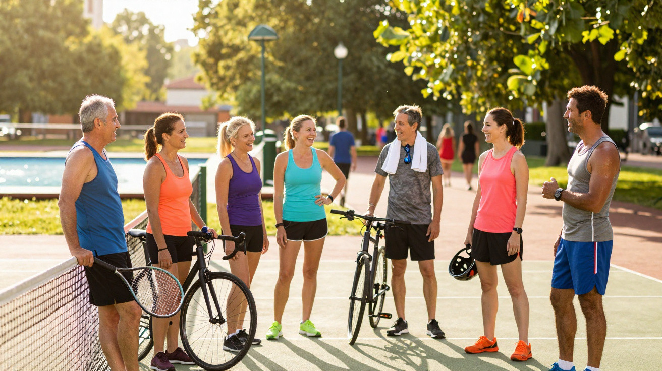 Grupo de sete pessoas com roupas desportivas a conversar ao ar livre num parque com bicicletas e raquete de ténis.