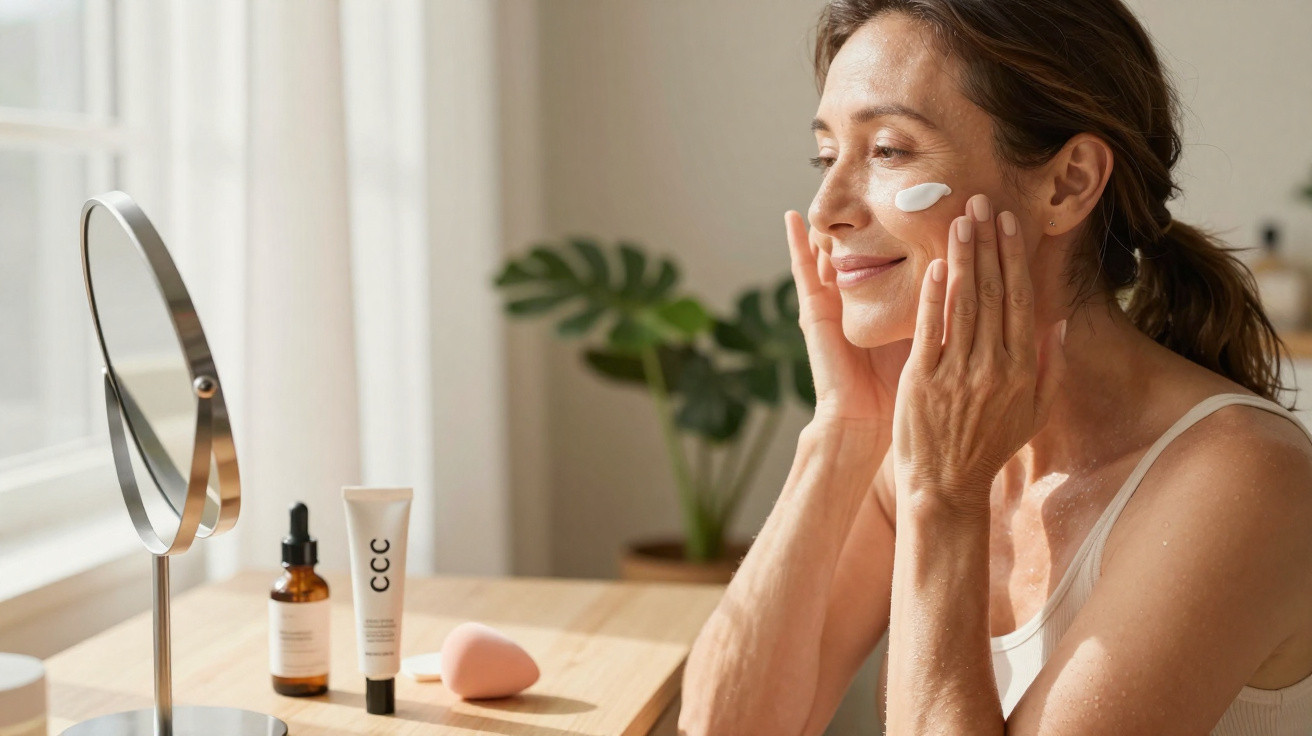 Mulher aplica creme facial perto de espelho numa mesa com produtos de cuidados de pele, sorrindo suavemente.
