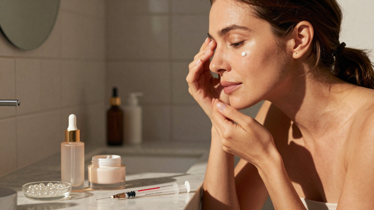 Mulher a aplicar creme no rosto junto a produtos de cuidados de pele numa bancada de casa de banho.