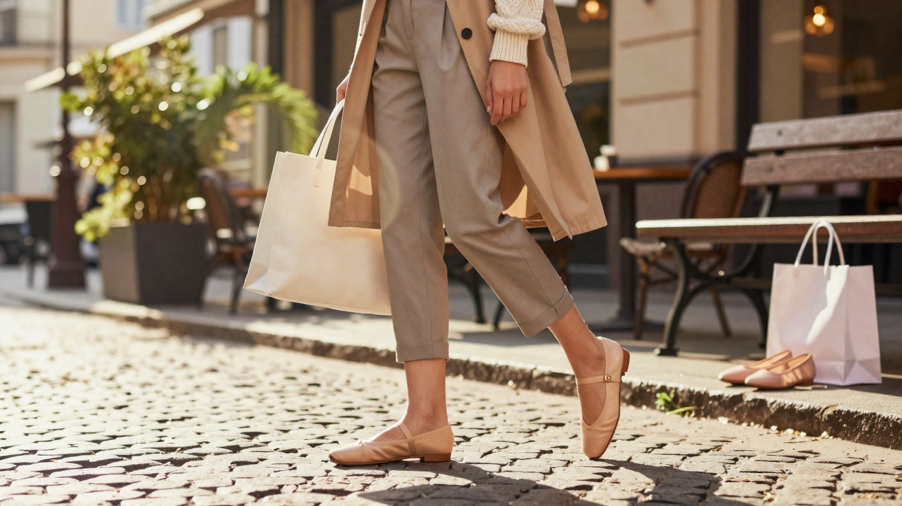 Pessoa de pé numa rua de calçada, com calças castanhas, trench coat bege e sapatos rasos castanhos claros.