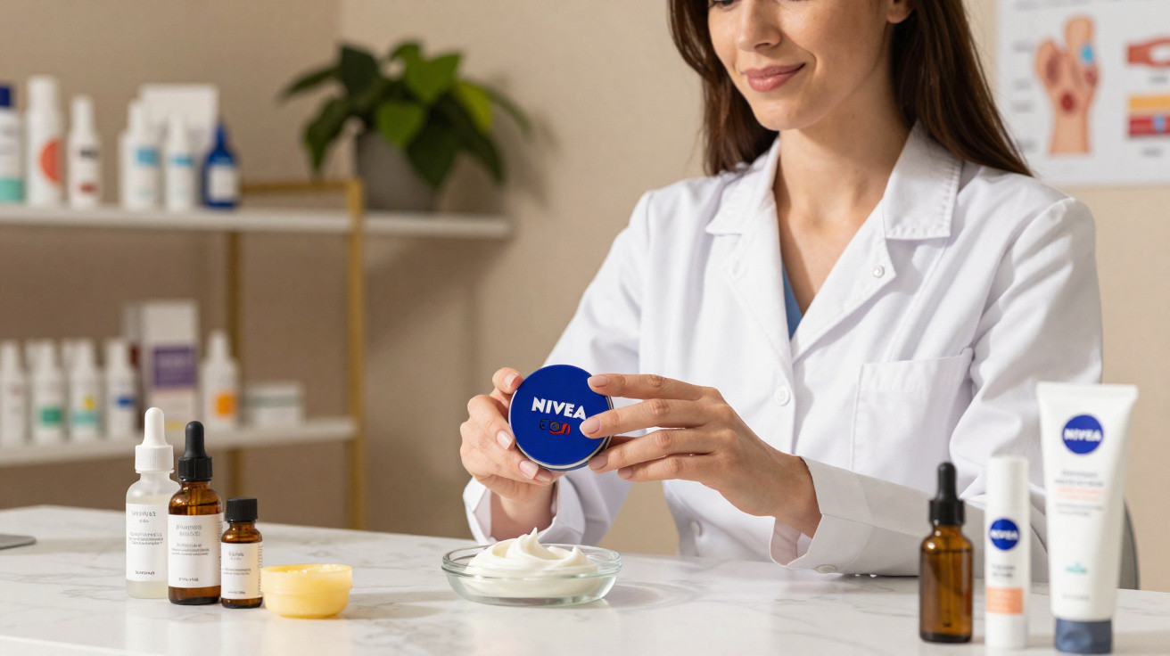 Mulher com bata branca segura creme Nivea azul num consultório com vários produtos de cuidado da pele.