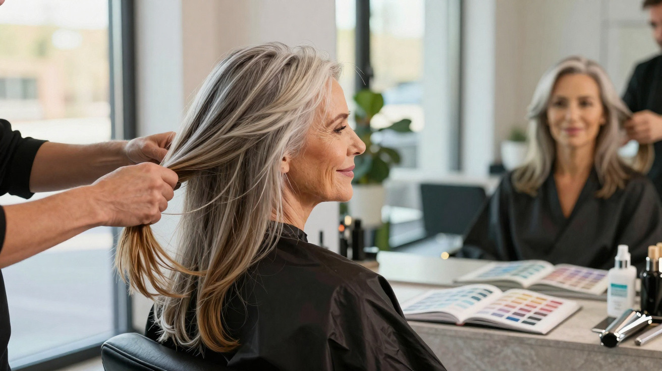 Mulher com cabelo grisalho a fazer penteado num salão de beleza com espelho e catálogo de cores.