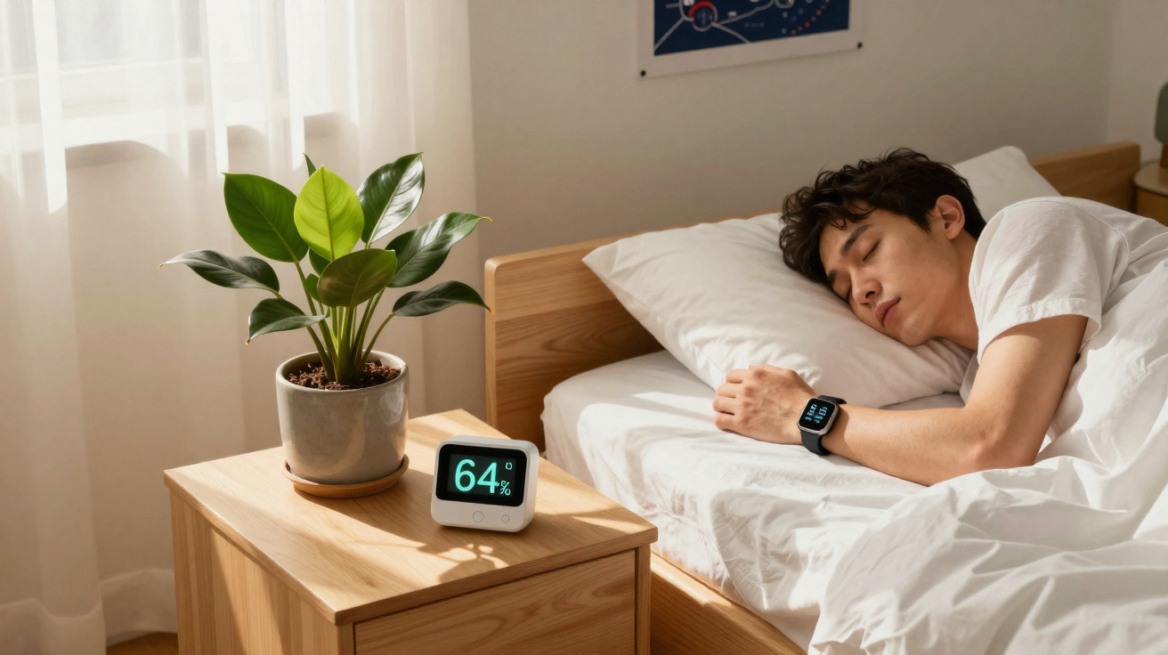 Homem a dormir numa cama branca, com uma planta e um monitor de humidade a 64% numa mesa ao lado.