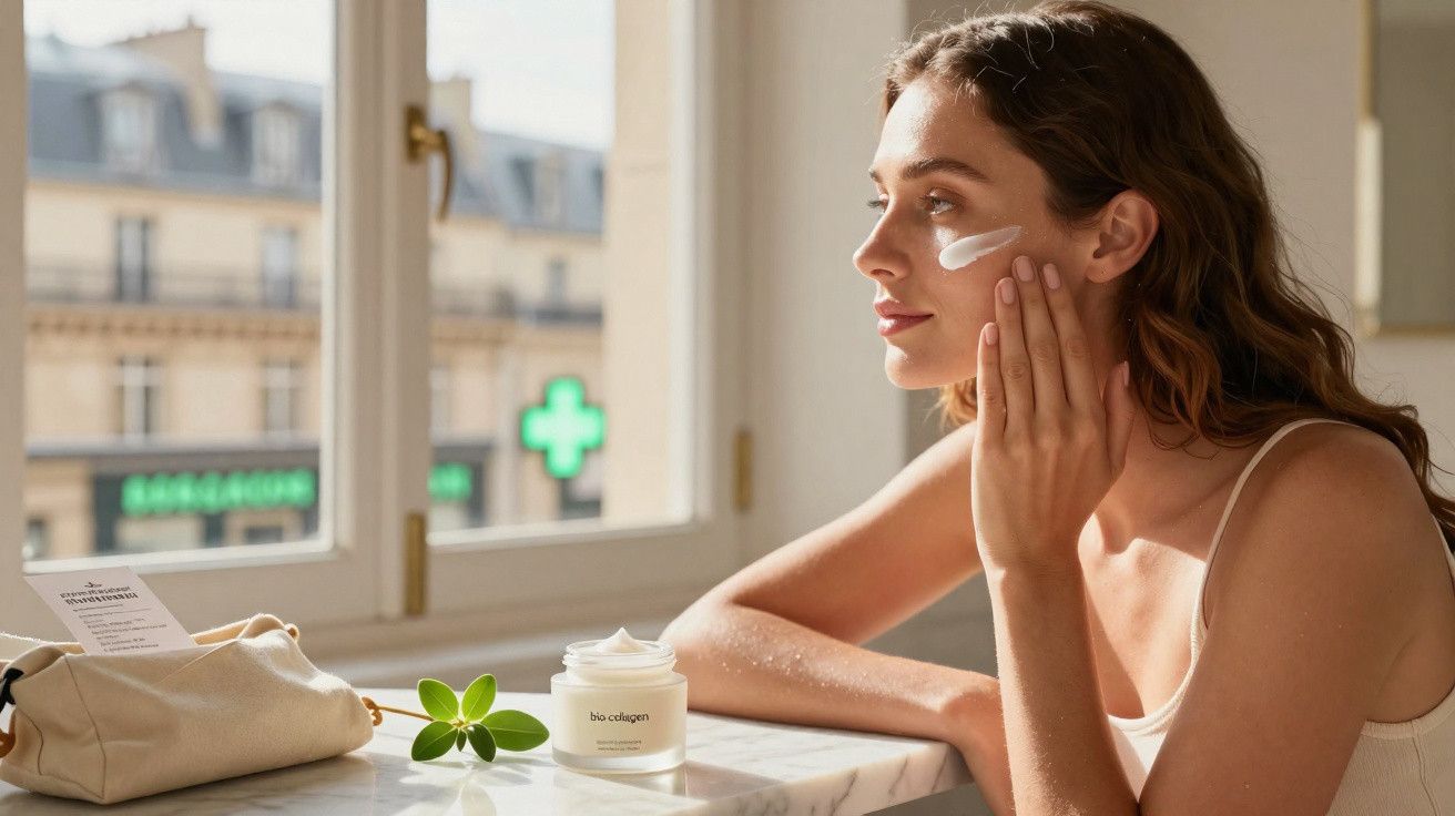 Mulher aplica creme hidratante no rosto junto a frasco de produto cosmético numa mesa junto à janela.