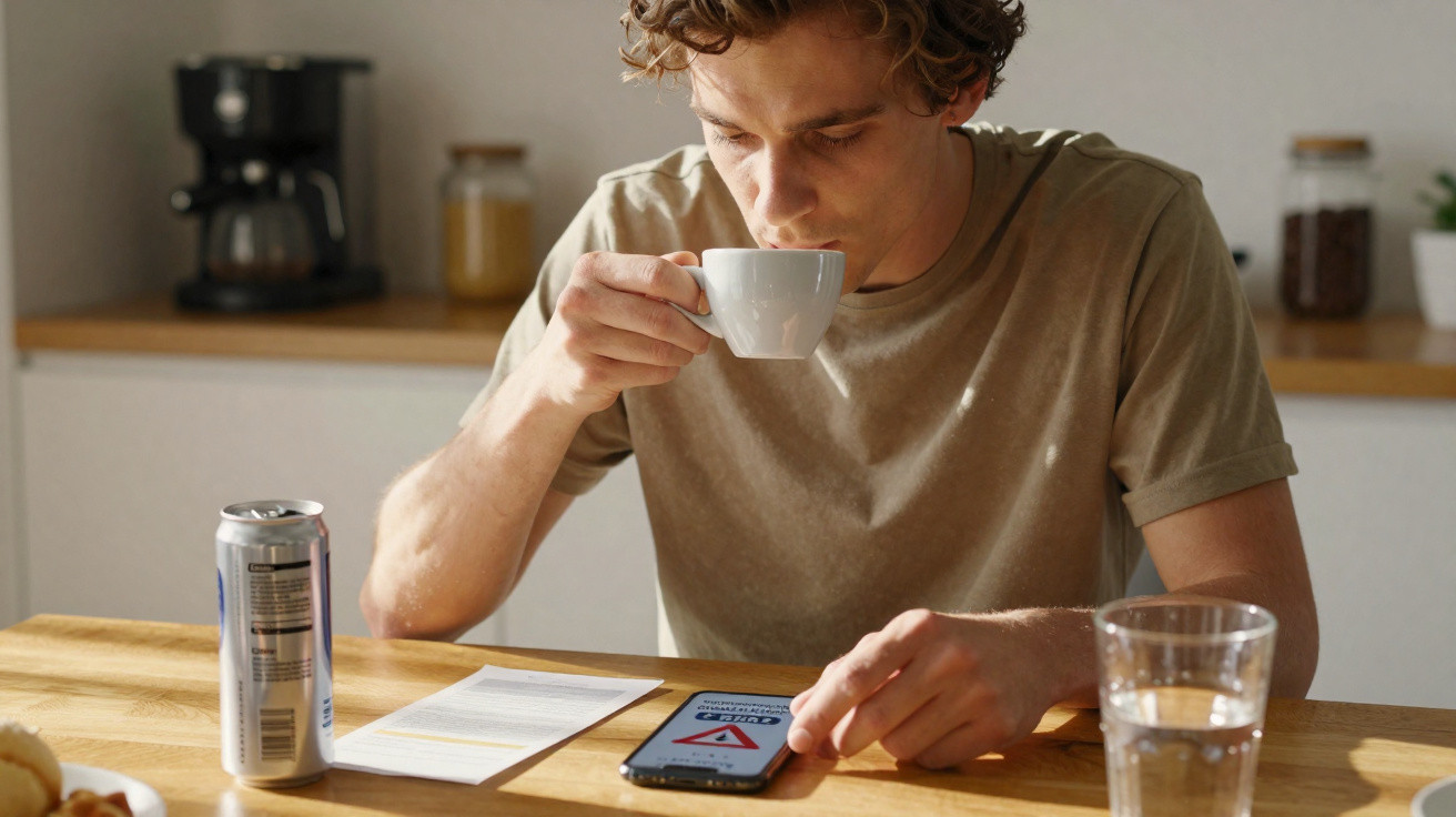 Homem sentado numa mesa a beber café, a olhar para o ecrã do telemóvel com aviso de quarentena.
