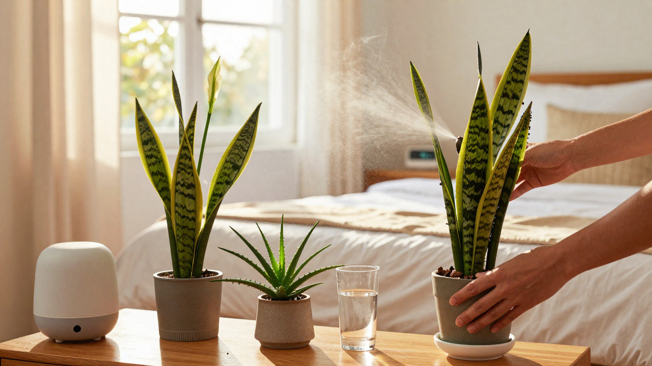 Mãos a pulverizar planta junto a outras plantas e um difusor numa mesa de madeira contra luz natural.