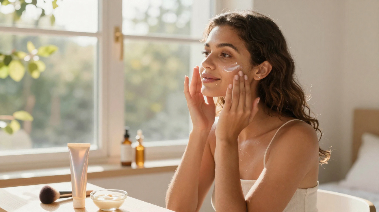 Mulher a aplicar creme facial sentada junto a uma janela com produtos de beleza na mesa.