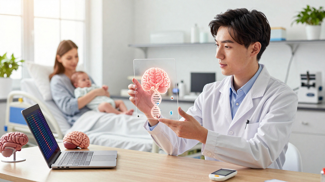 Médico a analisar imagem holográfica de cérebro e DNA com mãe e bebé ao fundo em consultório hospitalar.