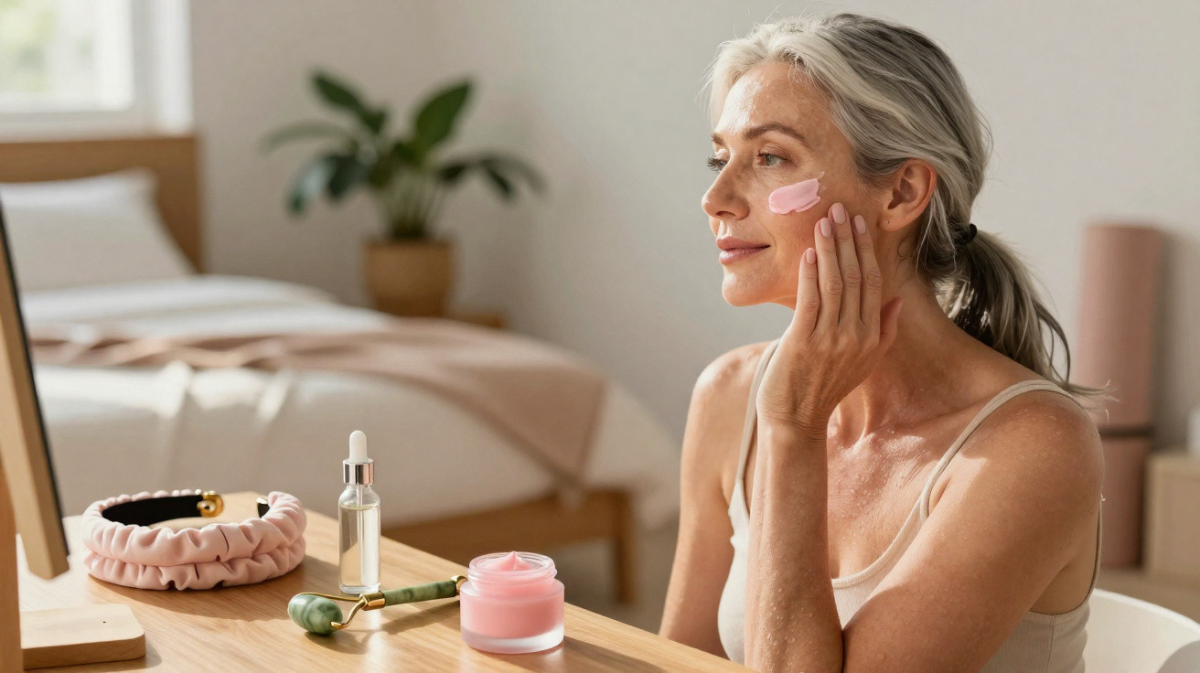 Mulher madura a aplicar creme no rosto sentada diante de uma mesa com produtos de cuidados de pele.